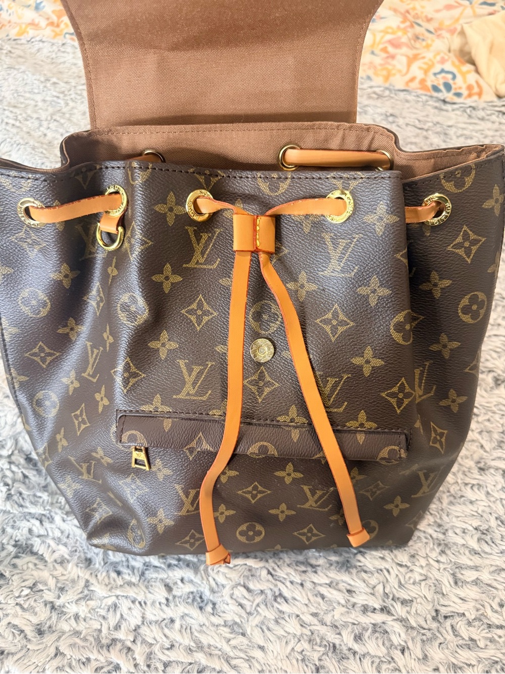 Brown Monogram Drawstring Backpack with Tan Trim - Picture 5 of 11